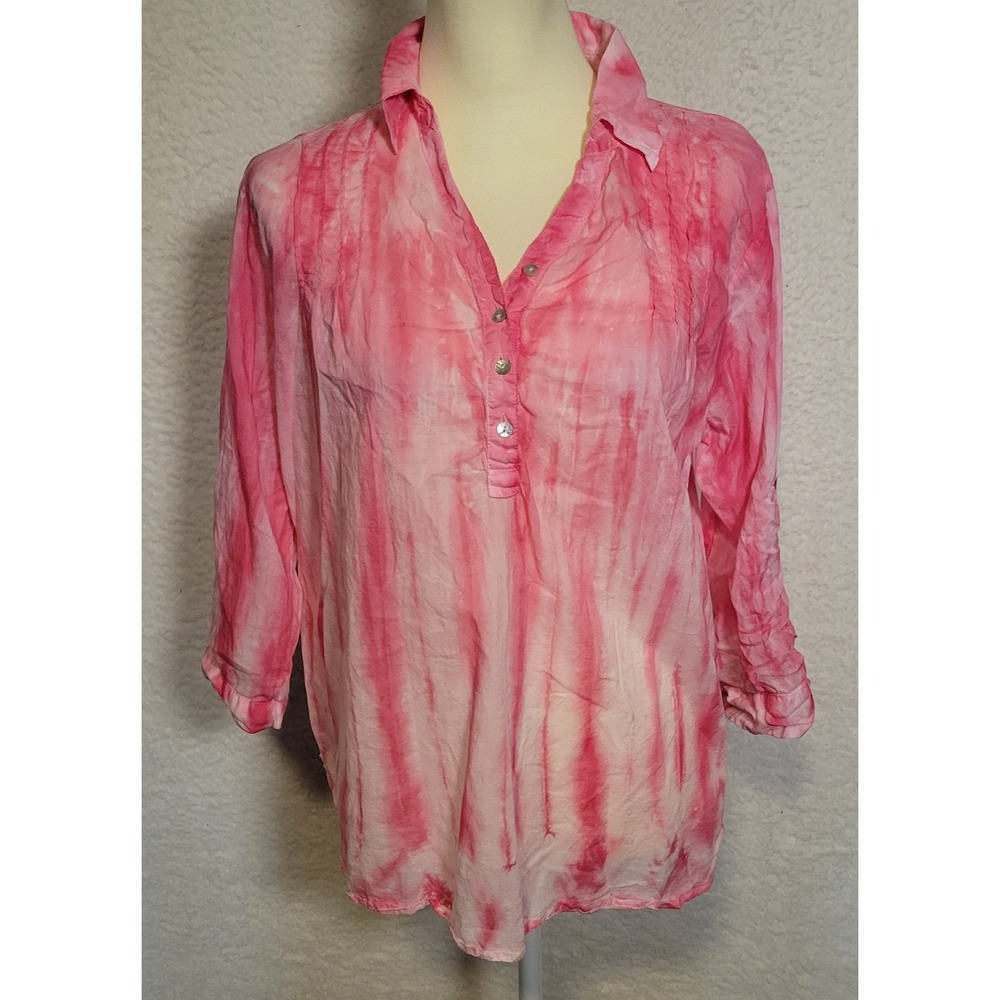 Caribbean Joe Women's Pink Blouse Top Sz L Roll-Tab Sleeve 3/4 Sleeve Beach 1859